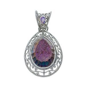 Estate Sajen Sterling Silver 925 Purple Quartz Druzy Topaz Accent Pendant